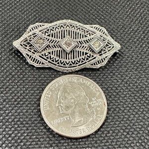 Vintage Silver Art Nouveau Bar Pin 30s Rhodium Plated w Faceted Stones